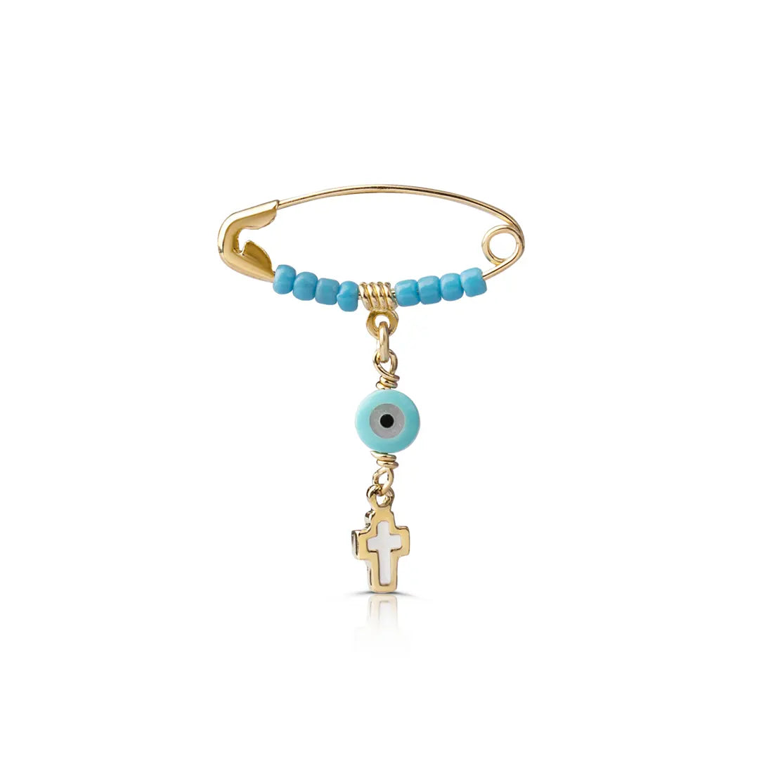14K Gold Safety Pin Amulet Necklace, Turquoise