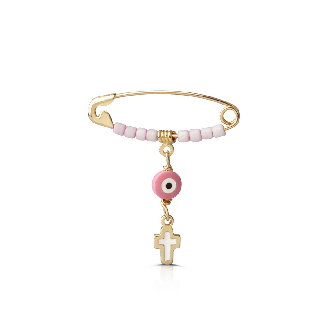 14K Gold Safety Pin Amulet Necklace, Pink