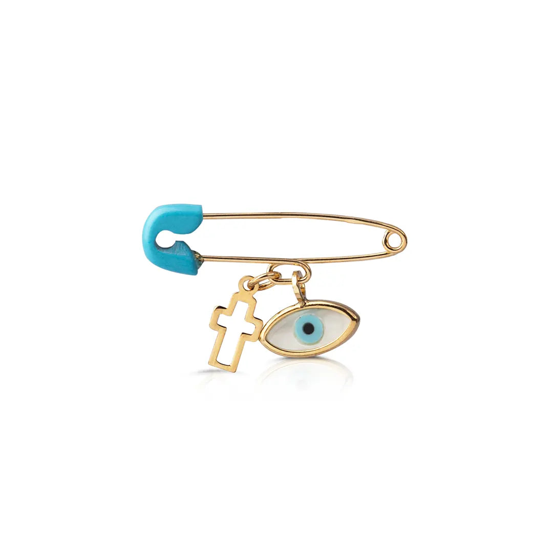 14K Gold Safety Pin Amulet Necklace, Turquoise
