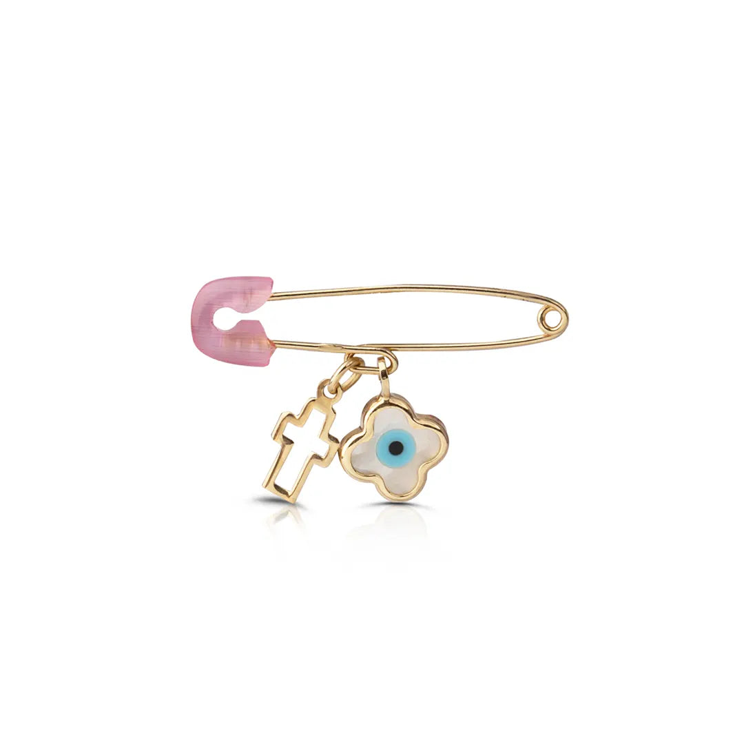 14K Gold Safety Pin Amulet Necklace, Pink
