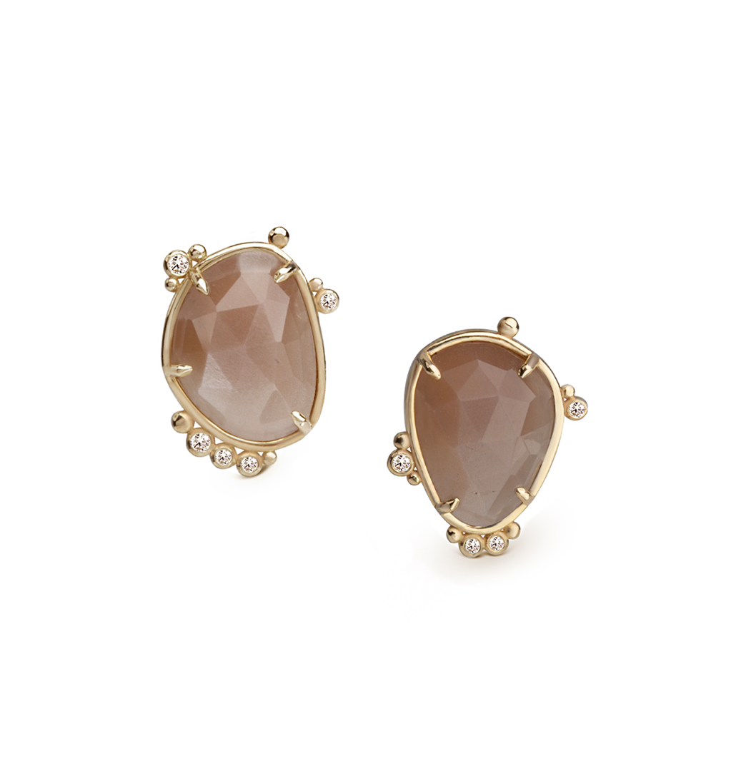 14K Gold Irregular Moonstone Earrings with Diamonds