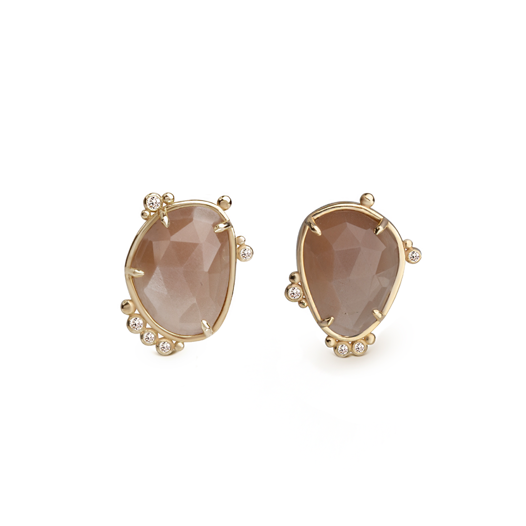 14K Gold Irregular Moonstone Earrings with Diamonds