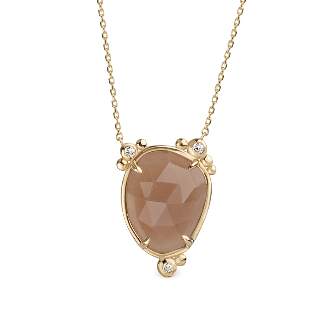 14K Gold Oval Moonstone Necklace with 3 Diamonds