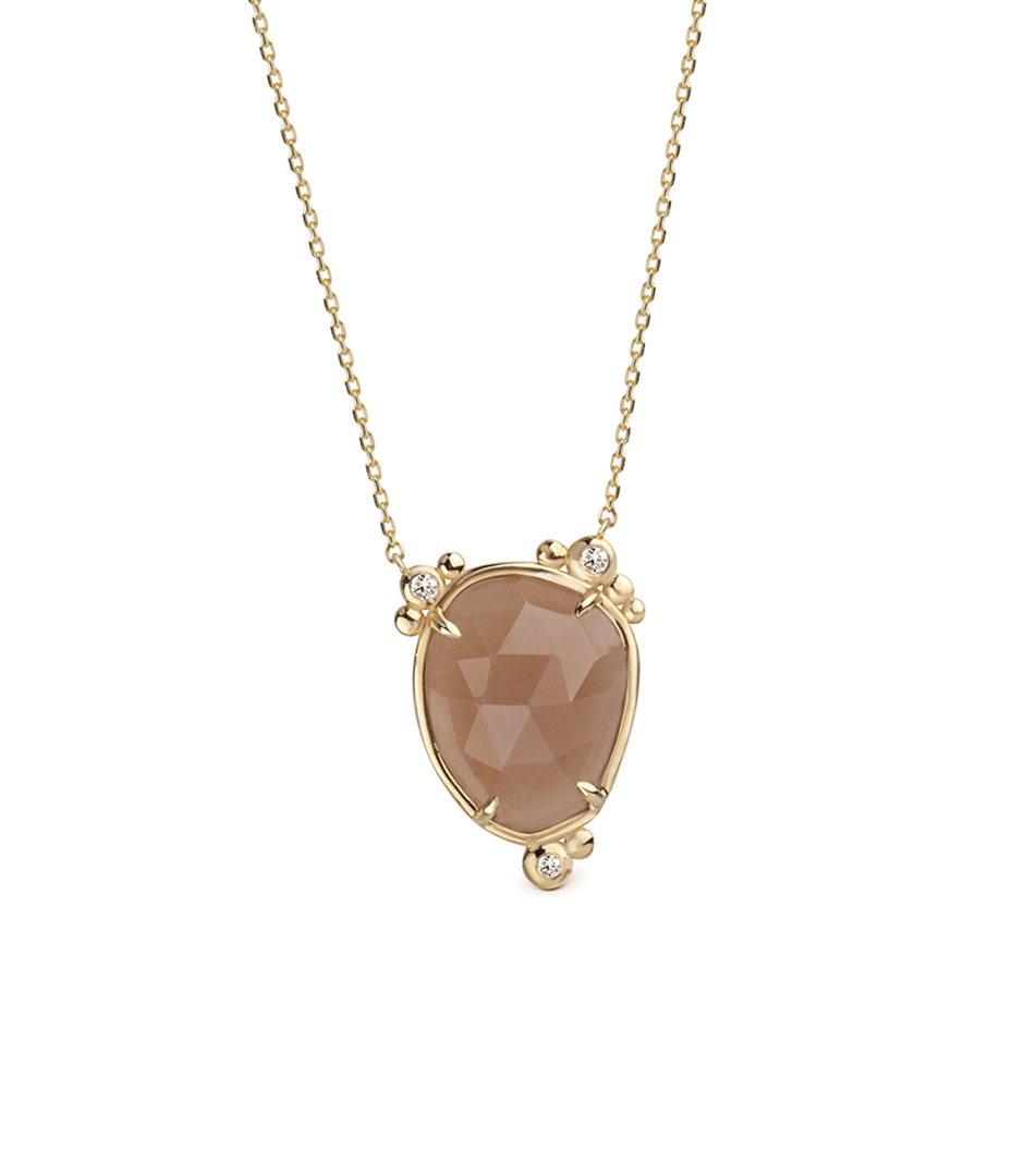 14K Gold Oval Moonstone Necklace with 3 Diamonds