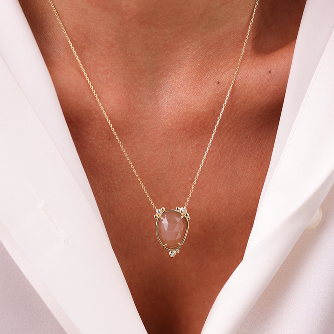 14K Gold Oval Moonstone Necklace with 3 Diamonds