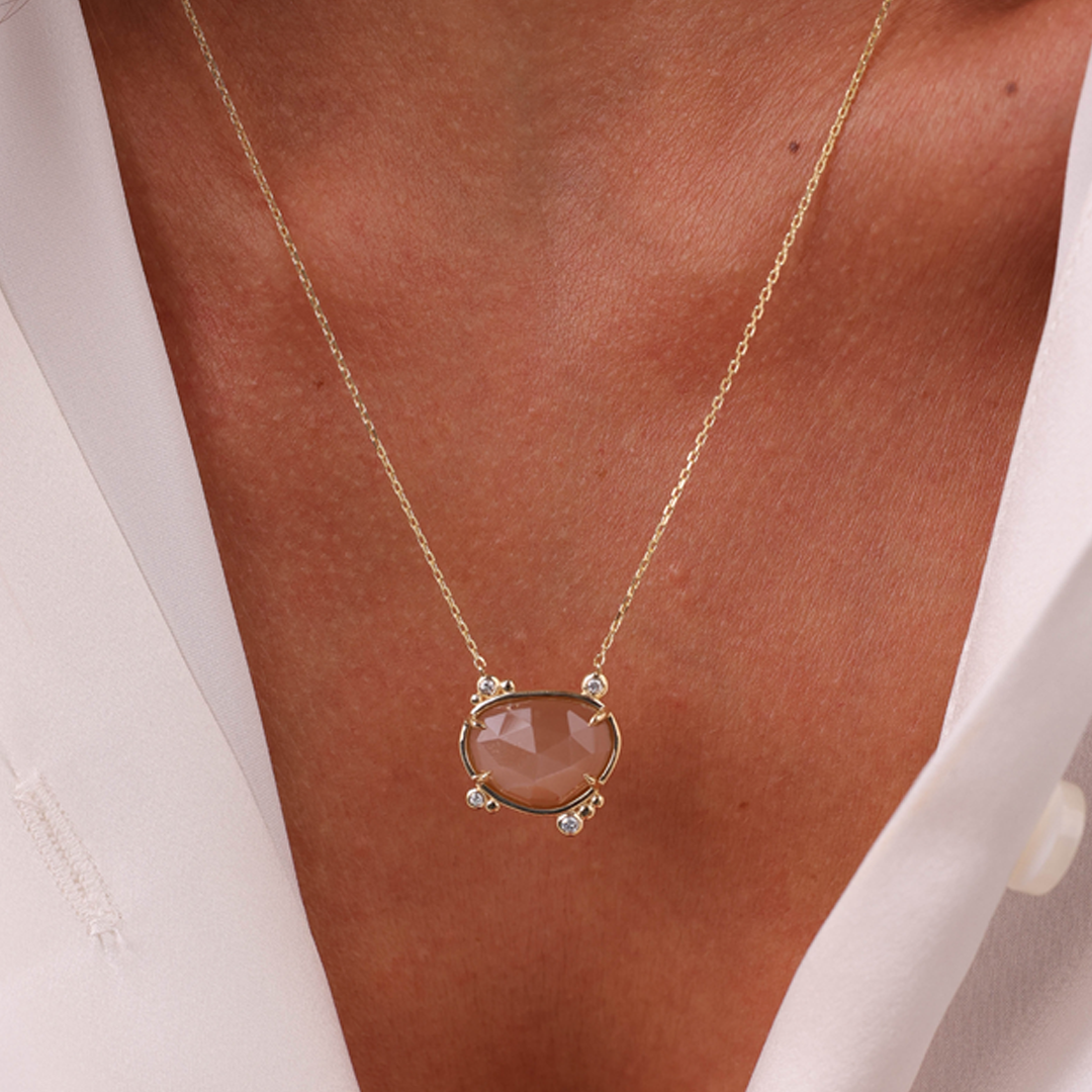 14K Gold Irregular Moonstone Necklace with 4 Diamonds