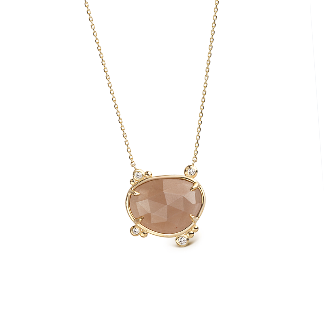 14K Gold Irregular Moonstone Necklace with 4 Diamonds