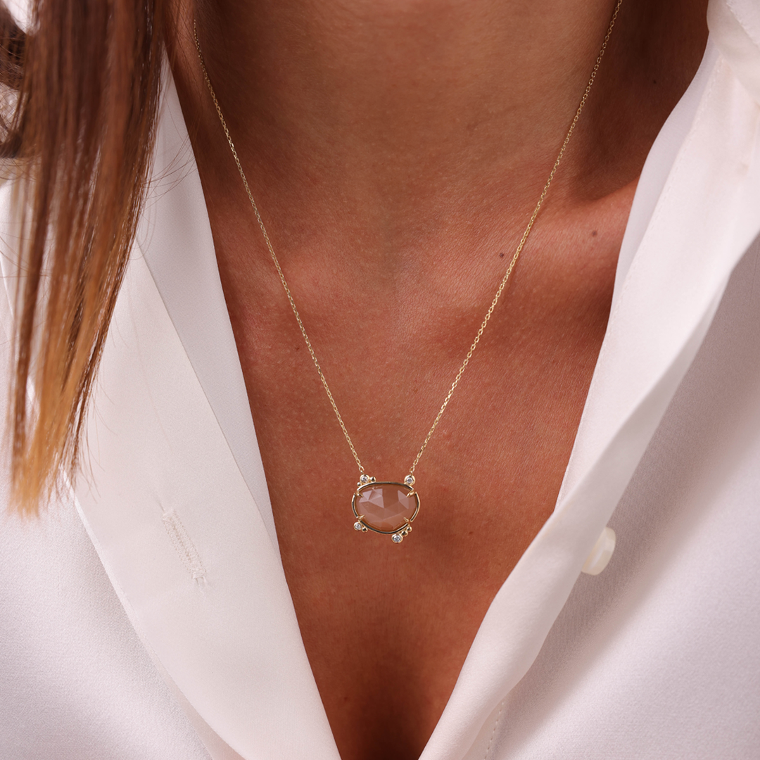 14K Gold Irregular Moonstone Necklace with 4 Diamonds