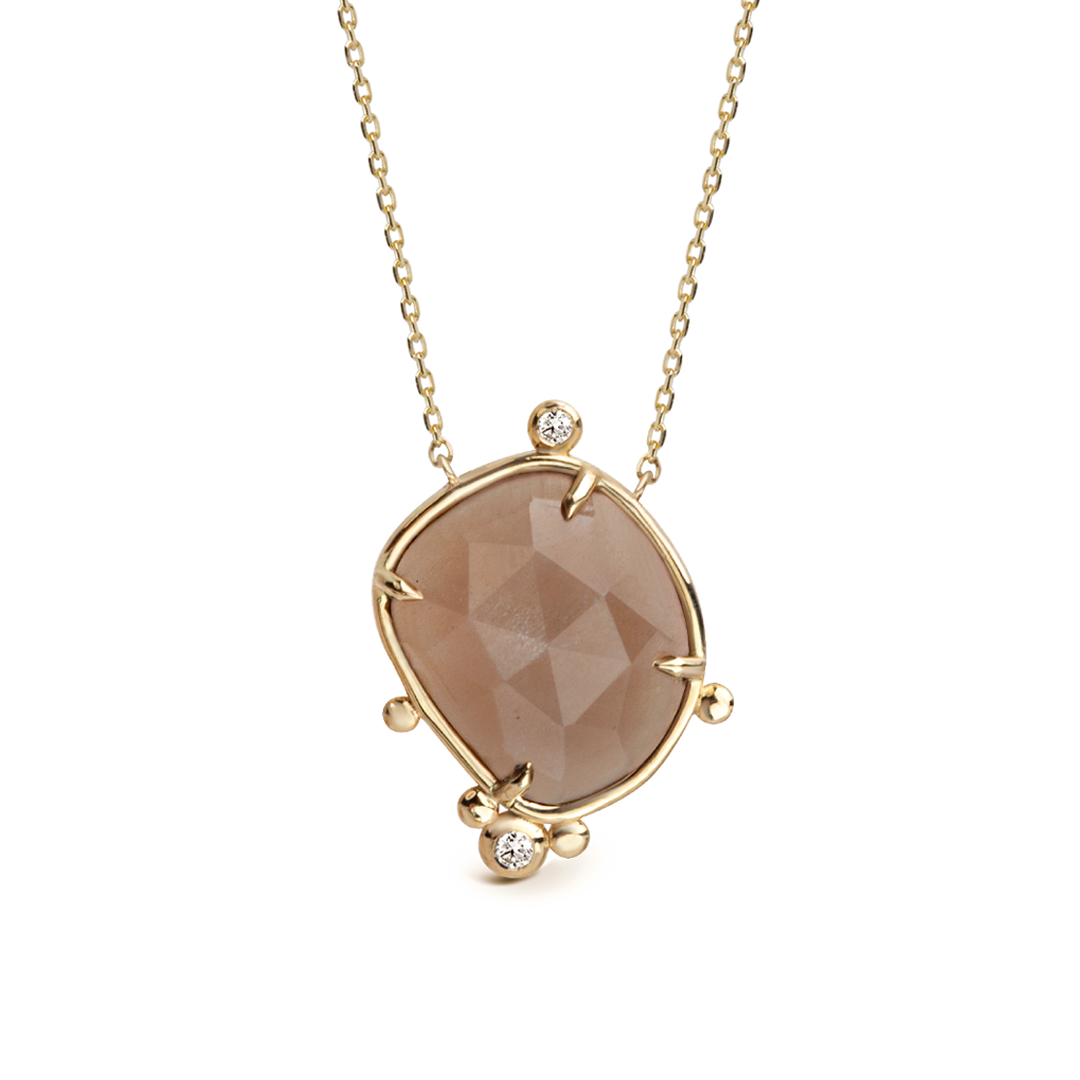 14K Gold Irregular Moonstone Necklace with 2 Diamonds