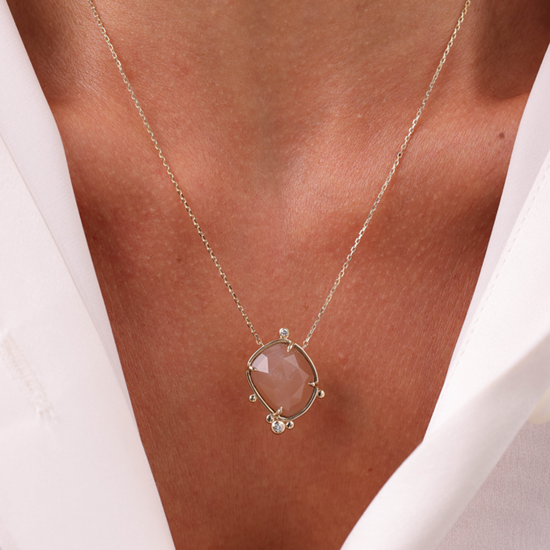 14K Gold Irregular Moonstone Necklace with 2 Diamonds
