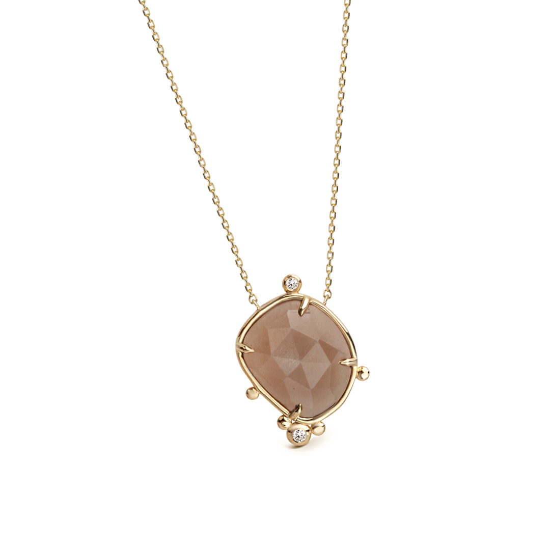 14K Gold Irregular Moonstone Necklace with 2 Diamonds