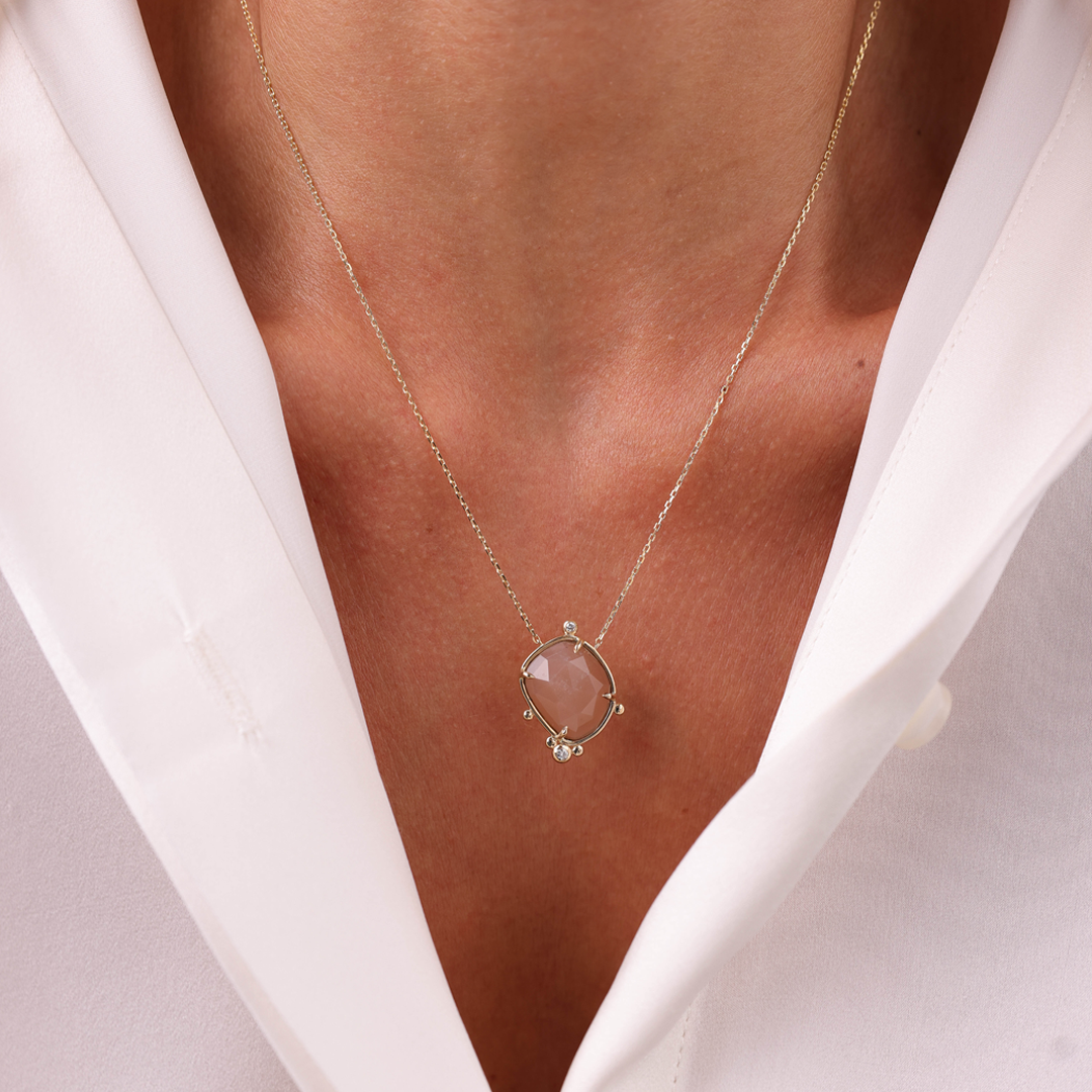 14K Gold Irregular Moonstone Necklace with 2 Diamonds