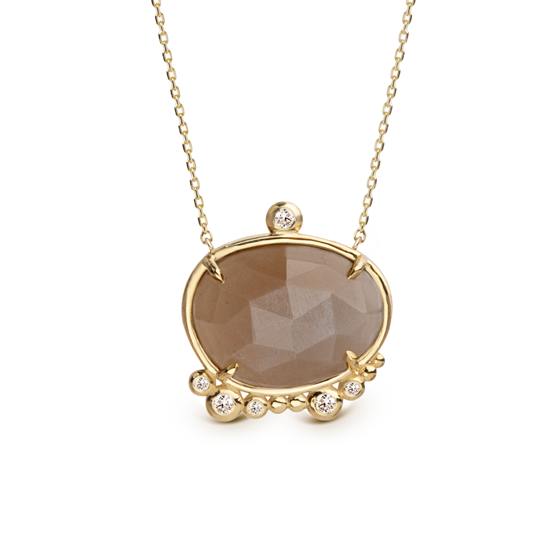 14K Gold almost round Moonstone Necklace with Diamonds