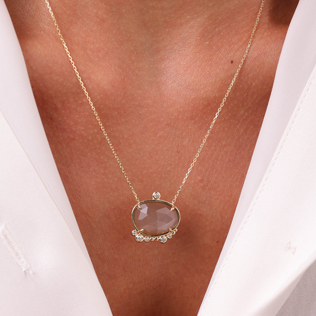 14K Gold almost round Moonstone Necklace with Diamonds