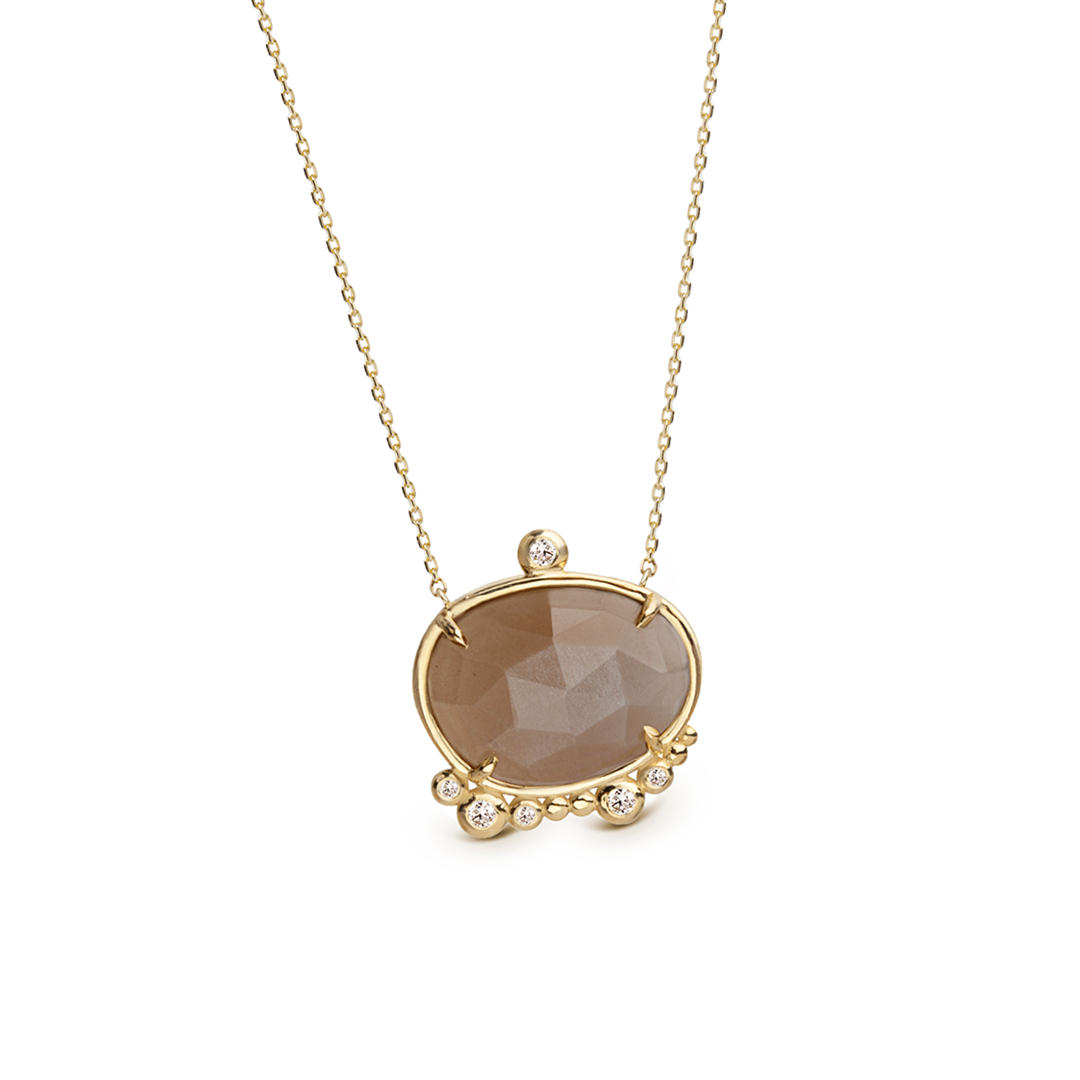 14K Gold almost round Moonstone Necklace with Diamonds