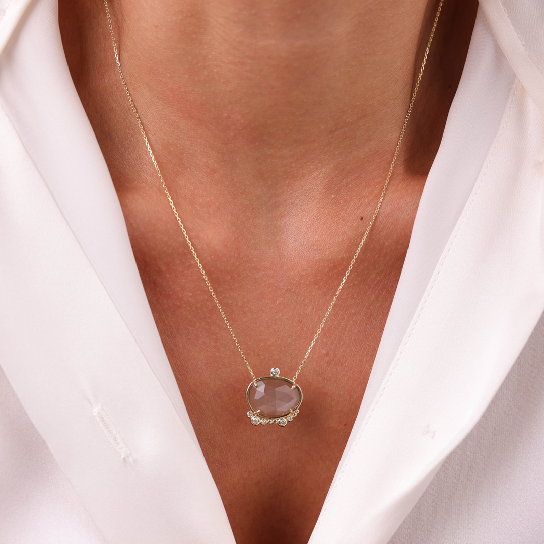 14K Gold almost round Moonstone Necklace with Diamonds