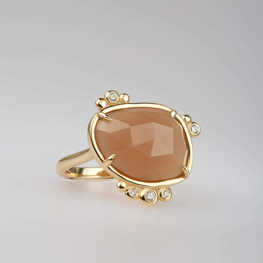 14K Gold Irregular Moonstone Ring with 5 Diamonds