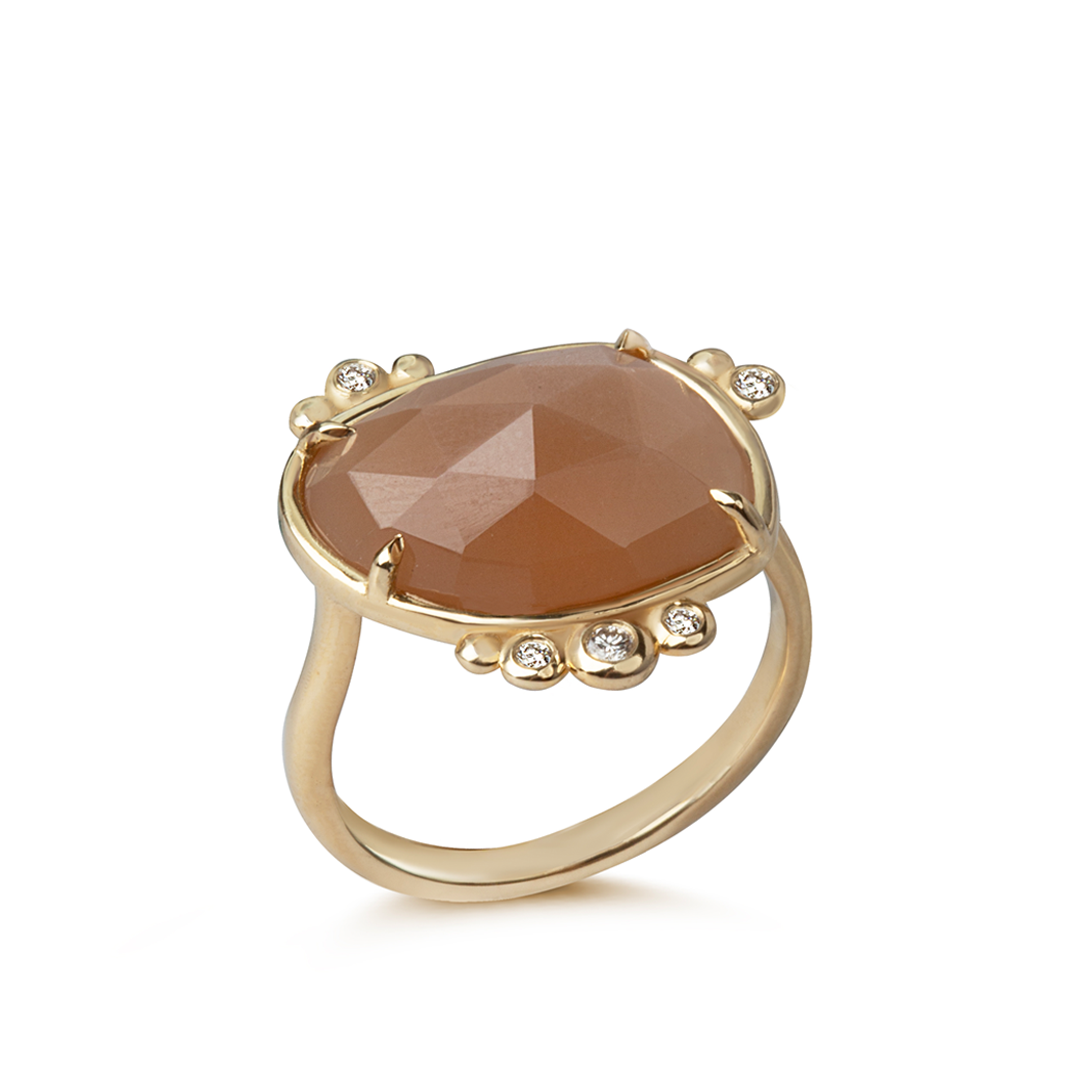 14K Gold Irregular Moonstone Ring with 5 Diamonds