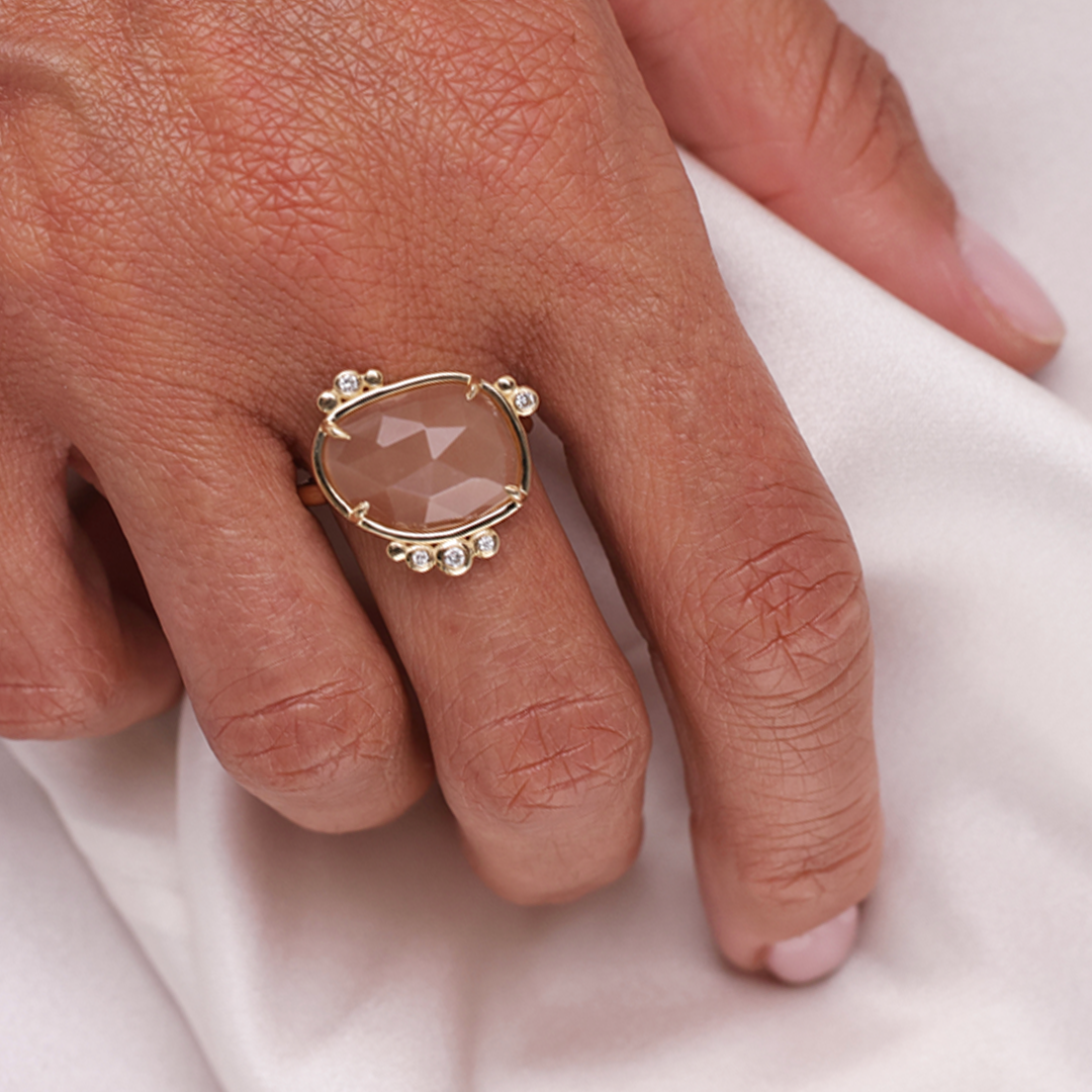 14K Gold Irregular Moonstone Ring with 5 Diamonds