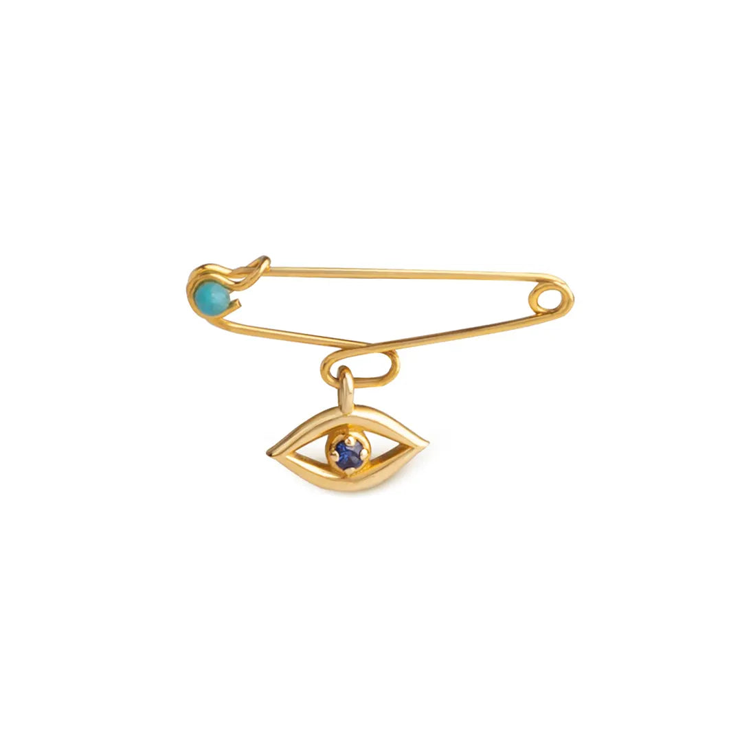 14K Gold Navette Tiny Eye Safety Pin with Sapphire