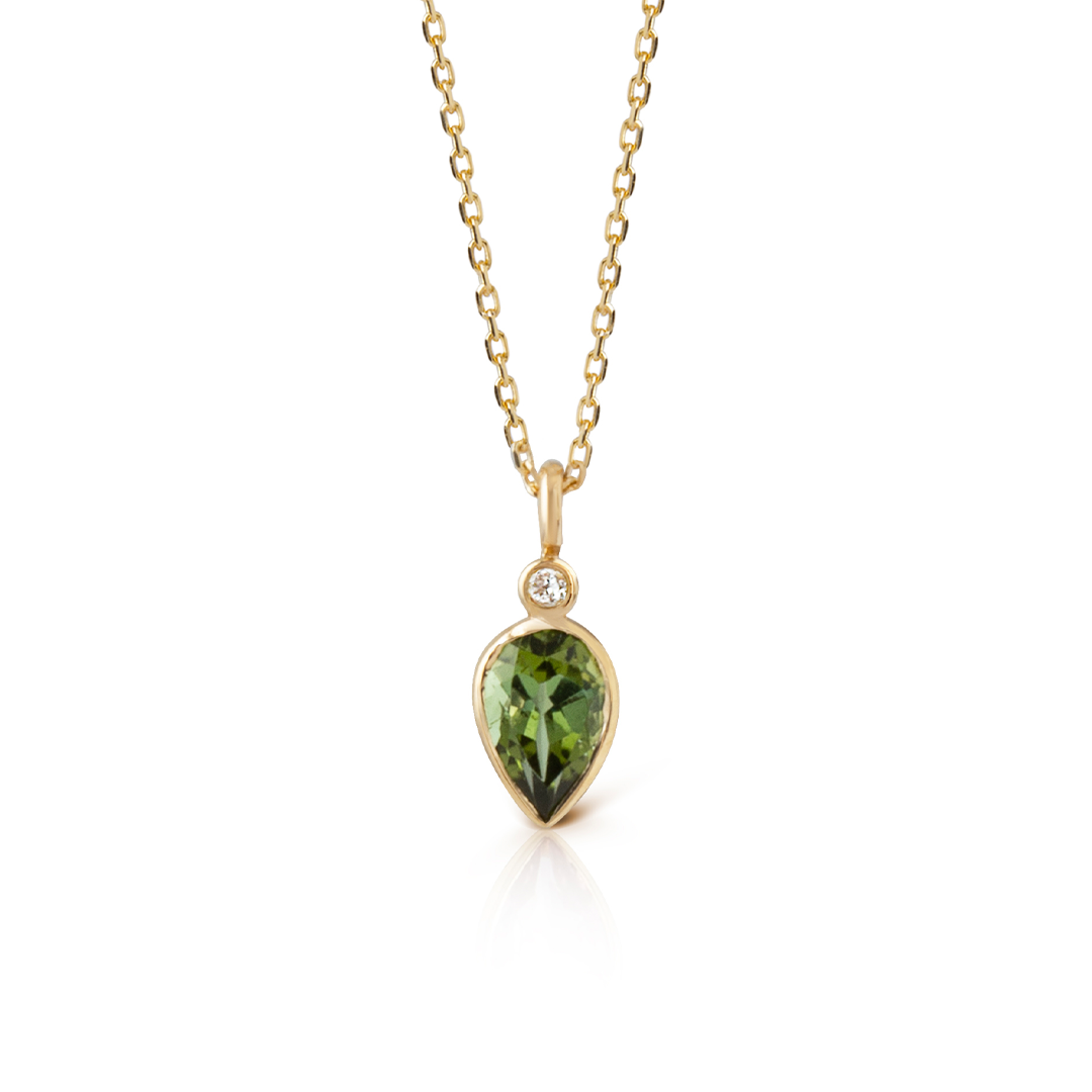 14K Gold Pear Shaped Light Green Tourmaline and Diamond Necklace