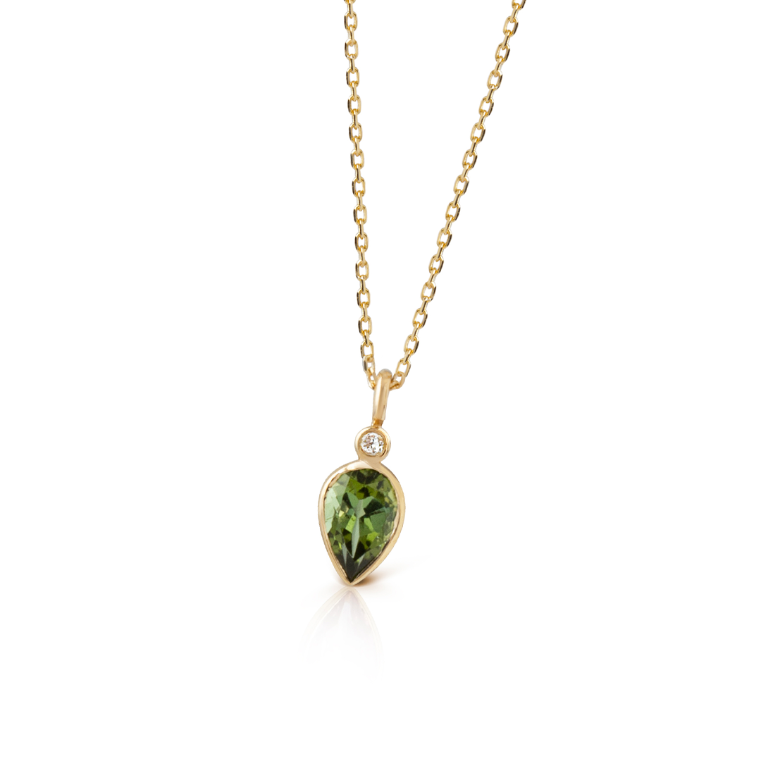 14K Gold Pear Shaped Light Green Tourmaline and Diamond Necklace