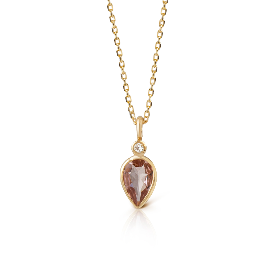 14K Gold Pear Shaped Pink Tourmaline and Diamond Necklace