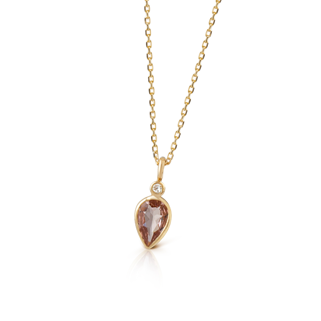 14K Gold Pear Shaped Pink Tourmaline and Diamond Necklace