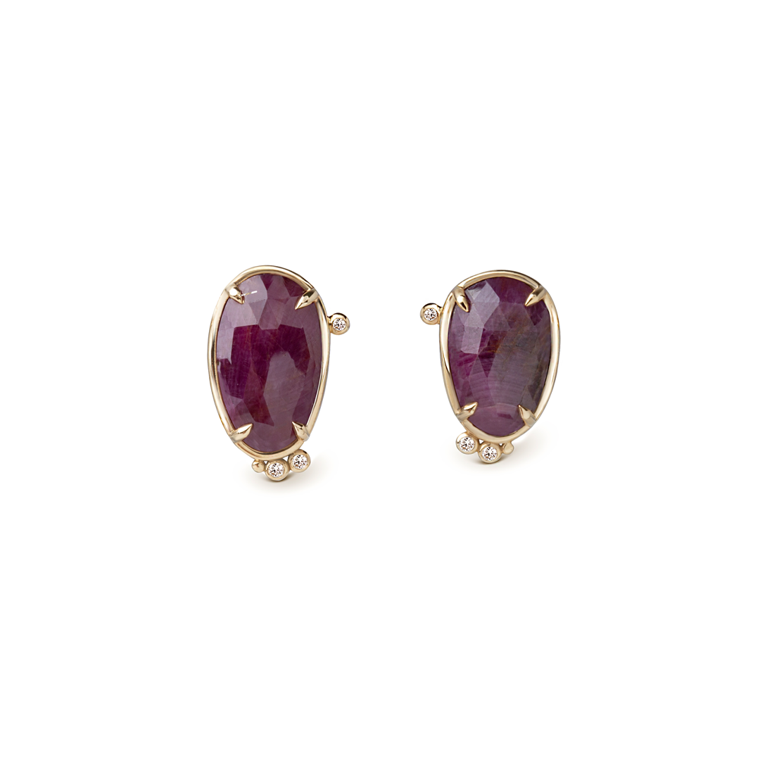 14K Gold  irregular Ruby Earrings with Diamonds
