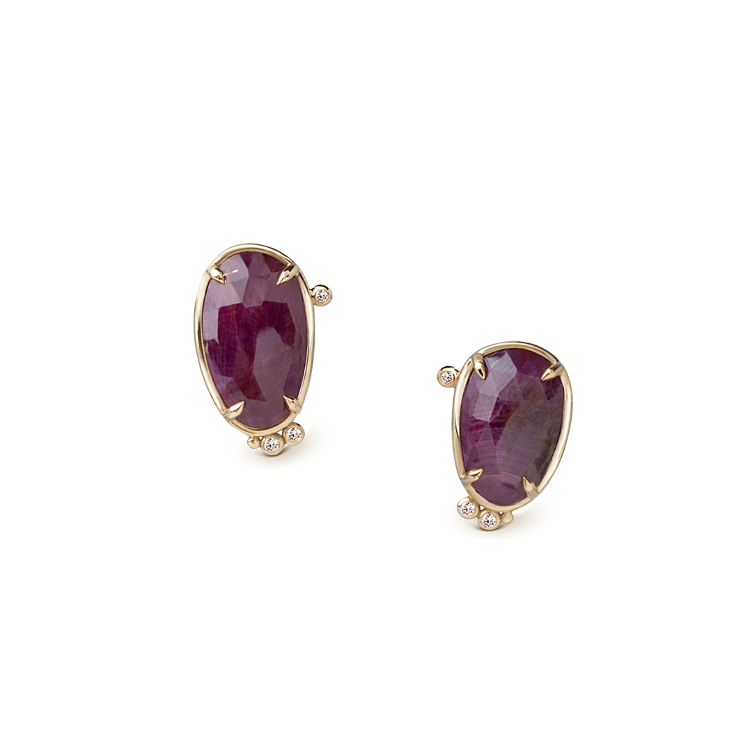 14K Gold  irregular Ruby Earrings with Diamonds