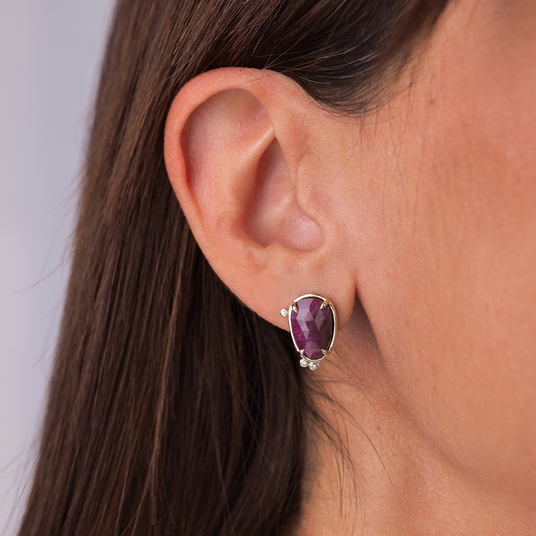 14K Gold  irregular Ruby Earrings with Diamonds