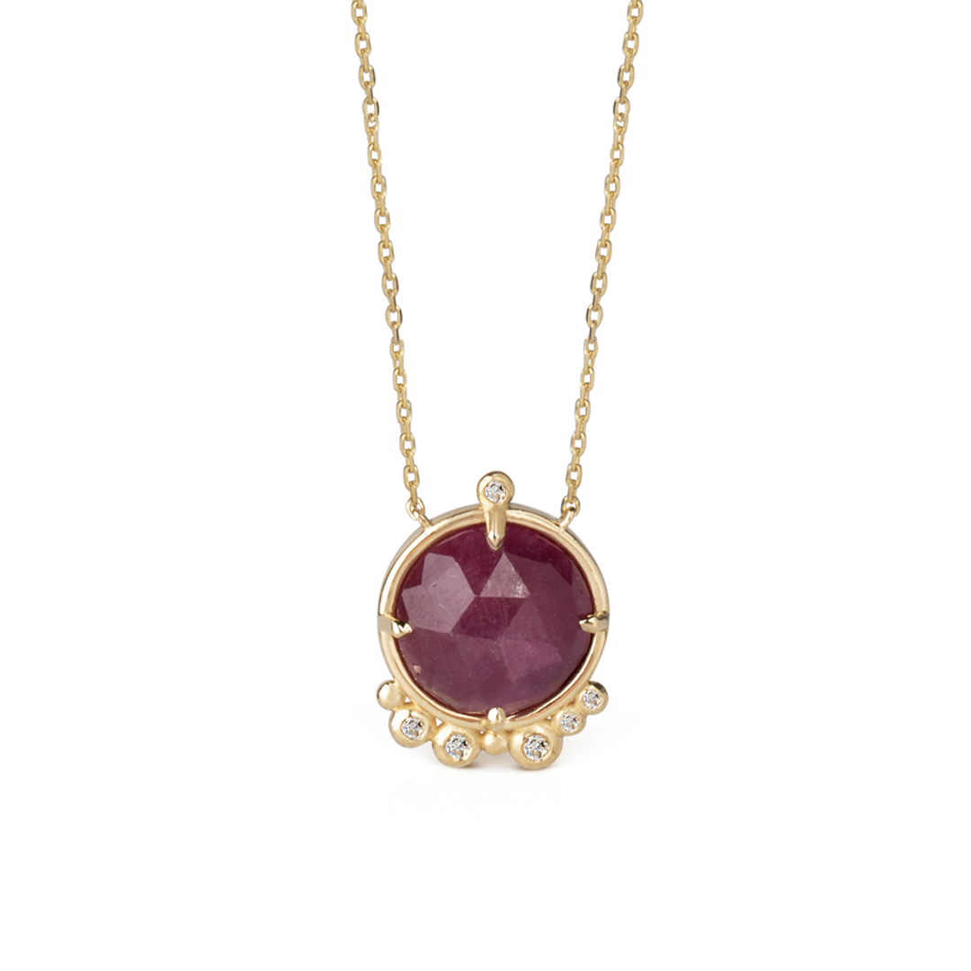14K Gold Round Ruby Necklace  with 6 diamonds