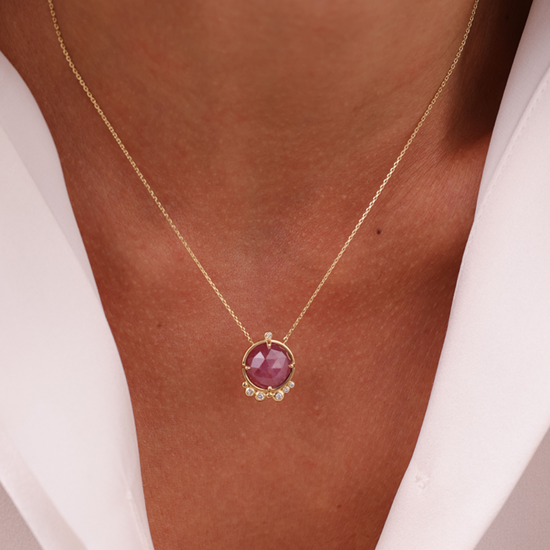 14K Gold Round Ruby Necklace  with 6 diamonds
