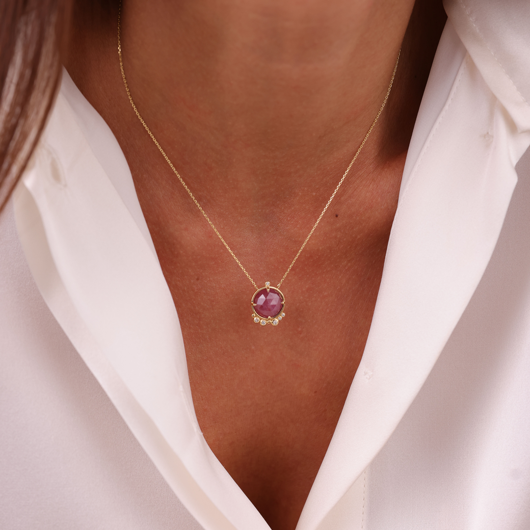14K Gold Round Ruby Necklace  with 6 diamonds