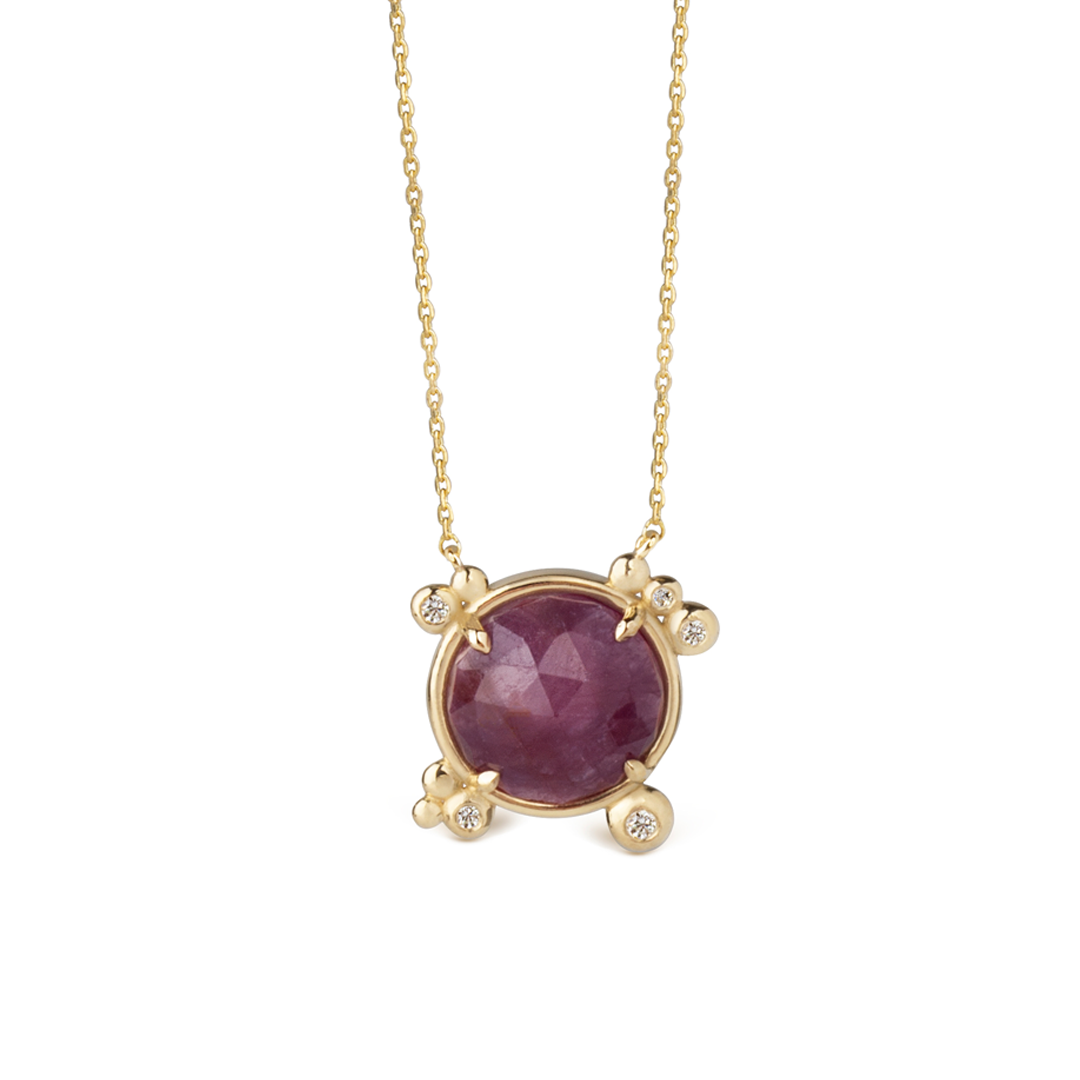 14K Gold Round Ruby Necklace  with 5 diamonds