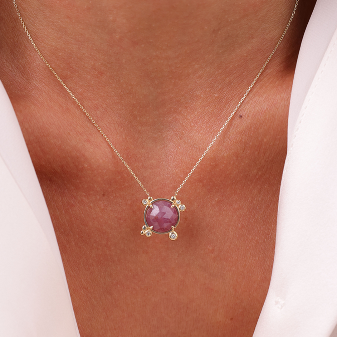 14K Gold Round Ruby Necklace  with 5 diamonds