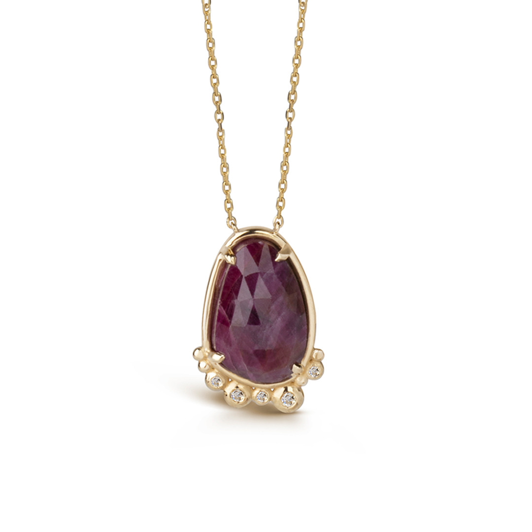 14K Gold Pear Ruby Necklace  with 5 diamonds