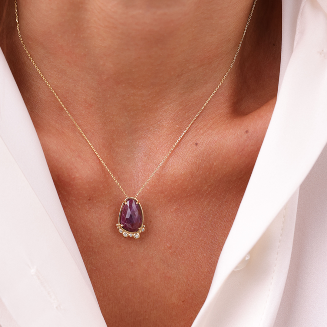 14K Gold Pear Ruby Necklace  with 5 diamonds
