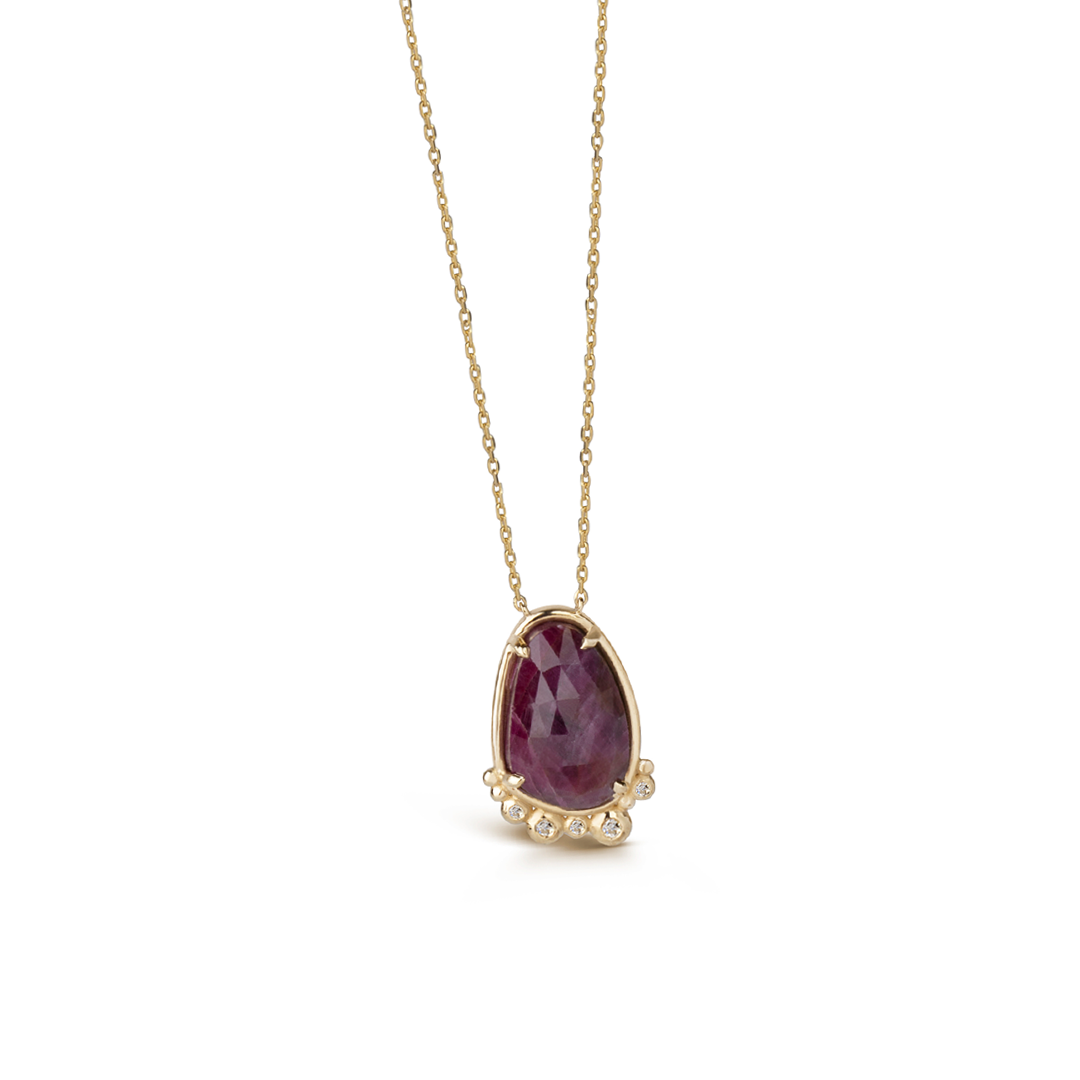 14K Gold Pear Ruby Necklace  with 5 diamonds