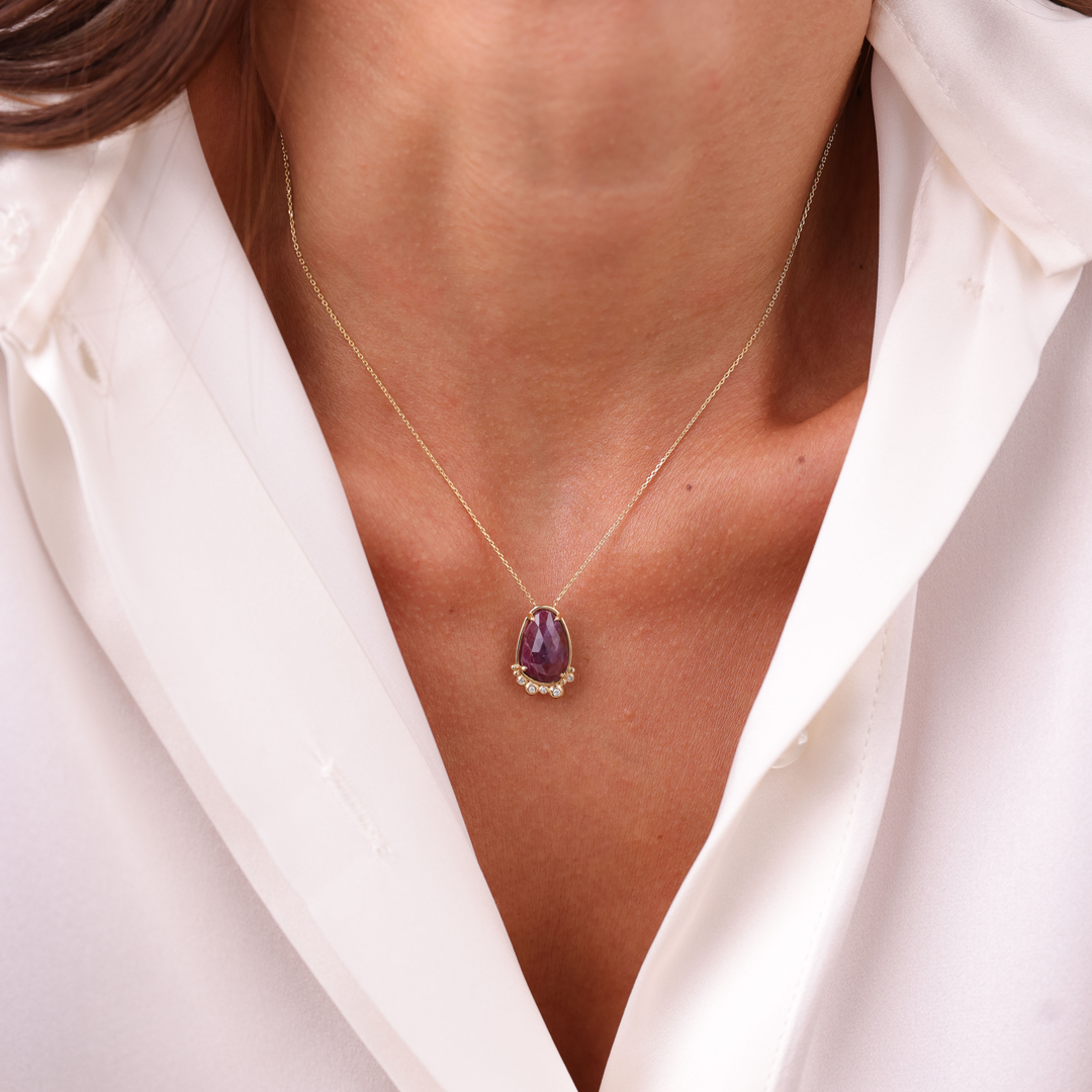 14K Gold Pear Ruby Necklace  with 5 diamonds