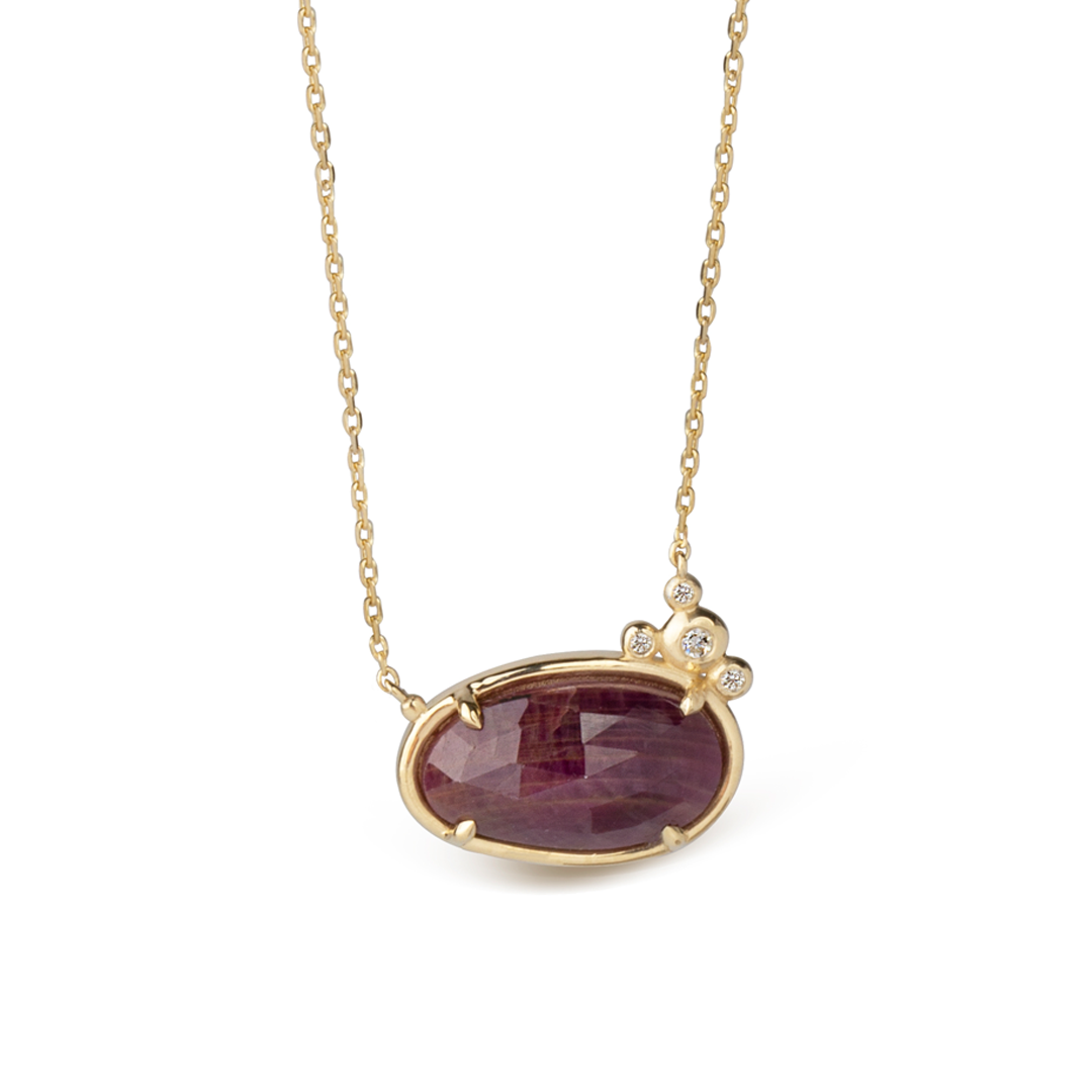 14K Gold Horizontal Ruby Necklace  with 4 diamonds