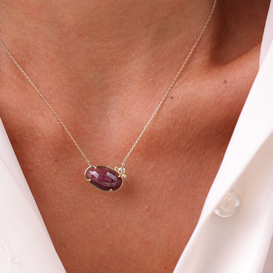 14K Gold Horizontal Ruby Necklace  with 4 diamonds