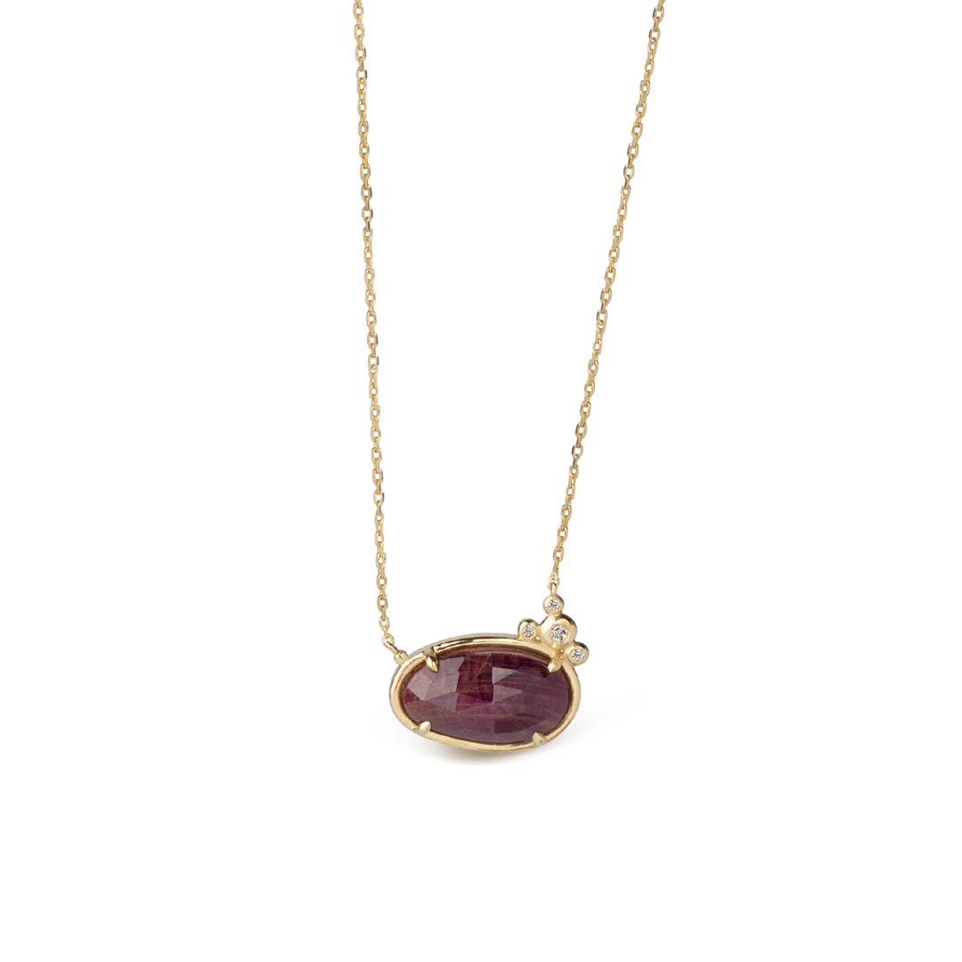 14K Gold Horizontal Ruby Necklace  with 4 diamonds