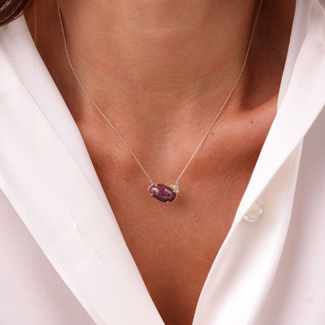 14K Gold Horizontal Ruby Necklace  with 4 diamonds