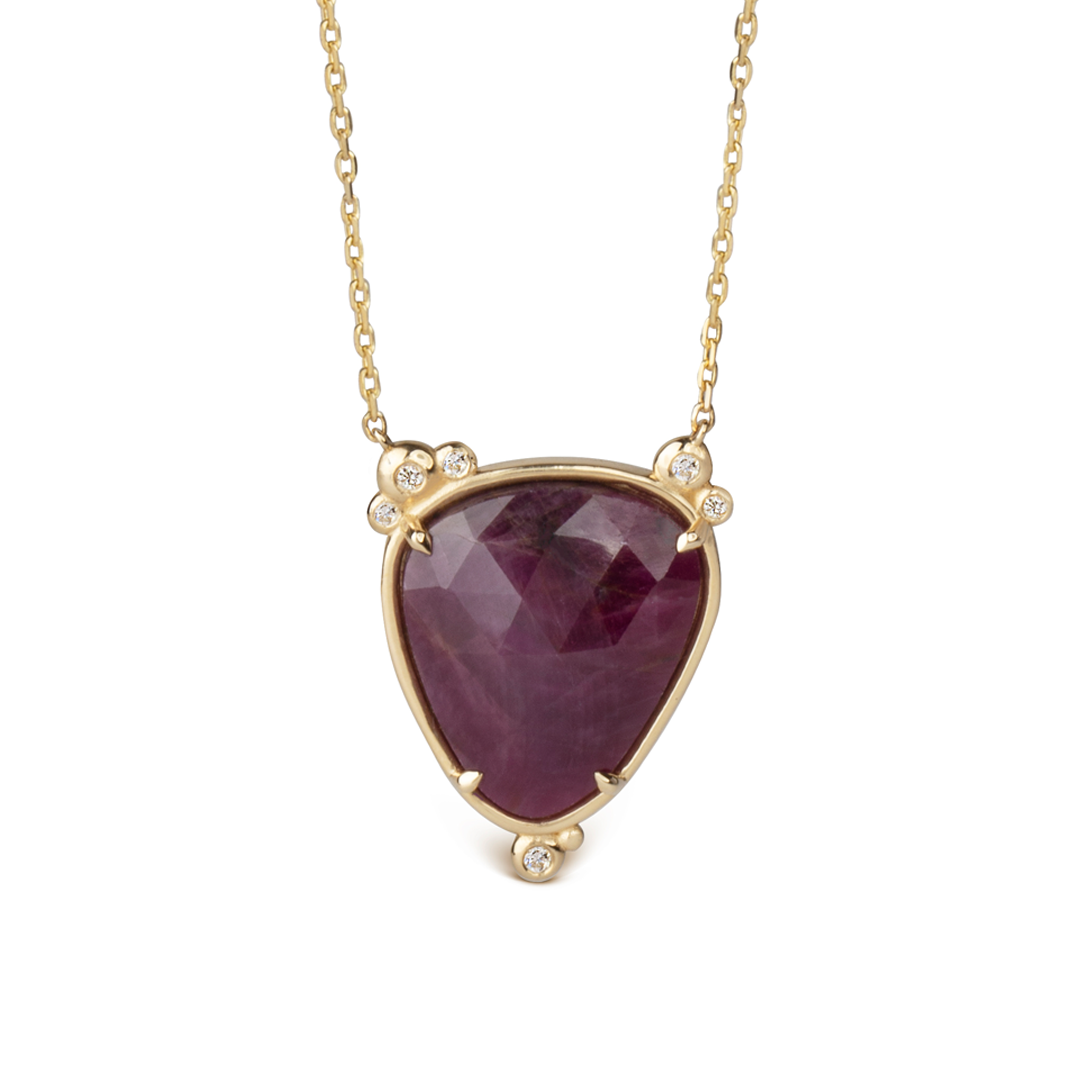 14K Gold Big Drop Ruby Necklace  with 6 diamonds