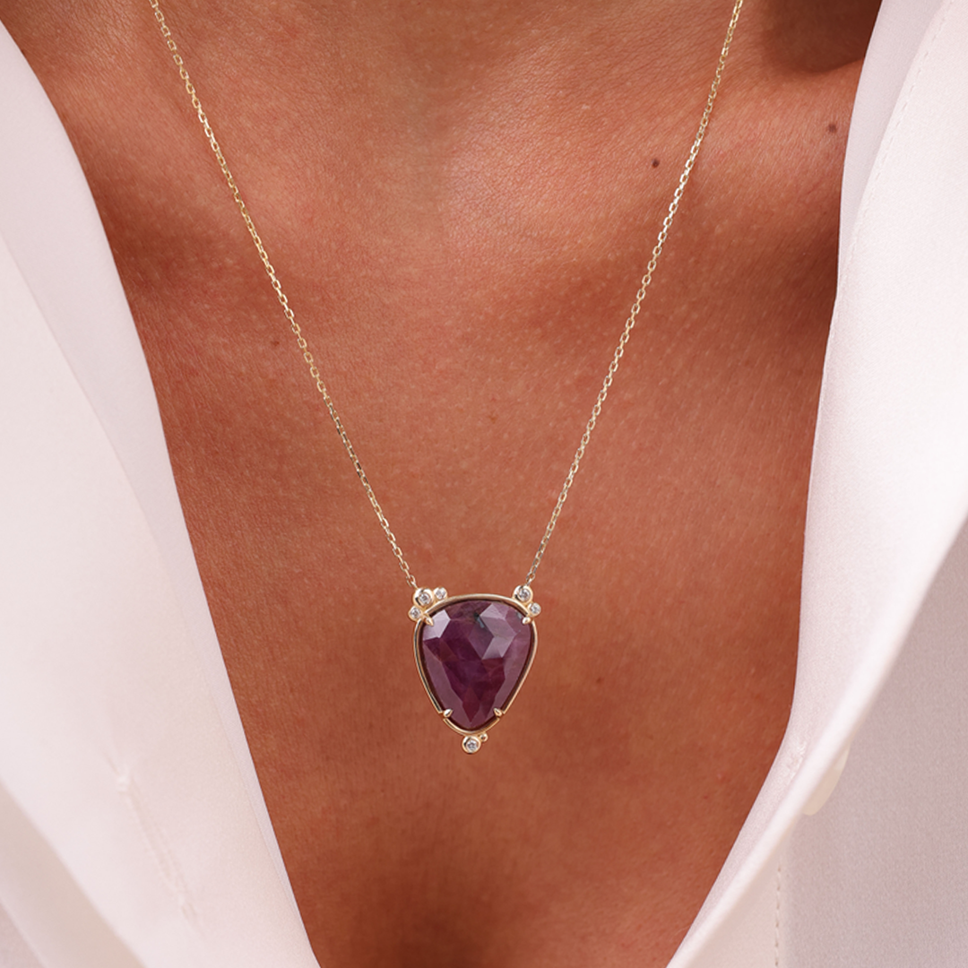 14K Gold Big Drop Ruby Necklace  with 6 diamonds