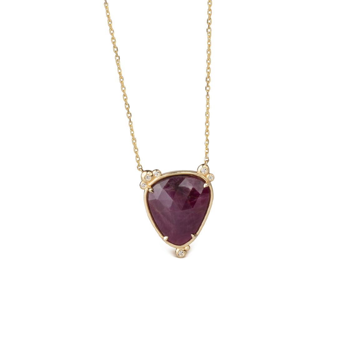 14K Gold Big Drop Ruby Necklace  with 6 diamonds