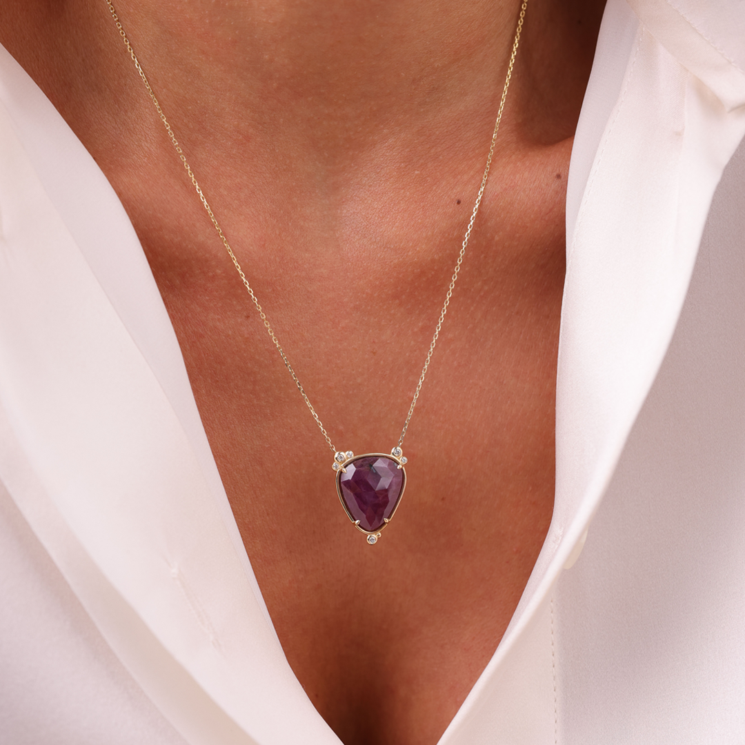 14K Gold Big Drop Ruby Necklace  with 6 diamonds