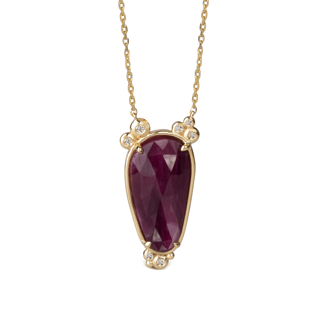 14K Gold Slender Drop Ruby Necklace  with 7 diamonds