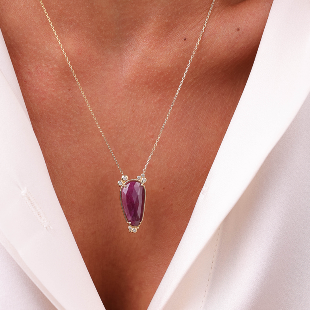 14K Gold Slender Drop Ruby Necklace  with 7 diamonds